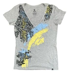 Hurley Gray V Neck T Shirt Extra Large XL Short Sleeve Graphic Print Top